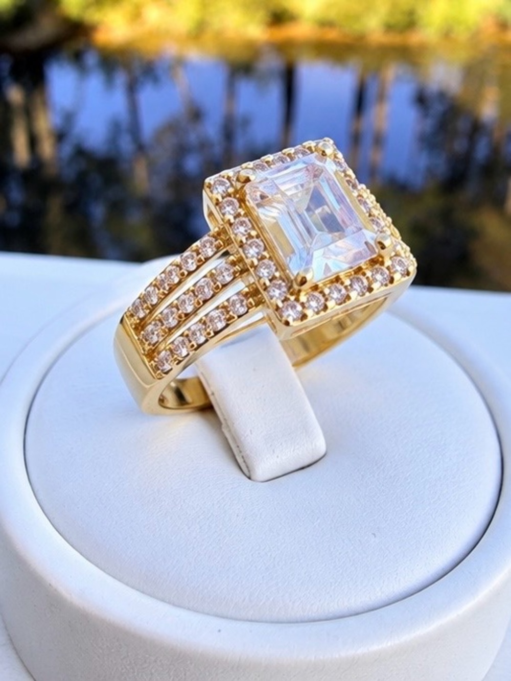 Size 10 Emerald Cut Triple Band Ring 18K Gold Filled AAA CZ